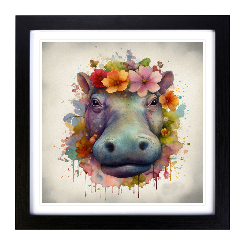 Hippo Floral Art - Framed Print, Black