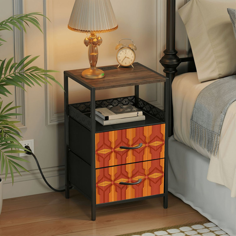 Table de chevet 2 tiroirs avec station de charge, table de chevet de chambre à coucher avec ports USB et prises ouvertes - tablette noire