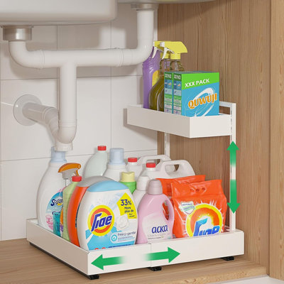 1-Pack 2-Tier Expandable Under Sink Pull-Out Organizer – Adjustable Height Cabinet Storage For Kitchen, Bathroom, And Laundry, White