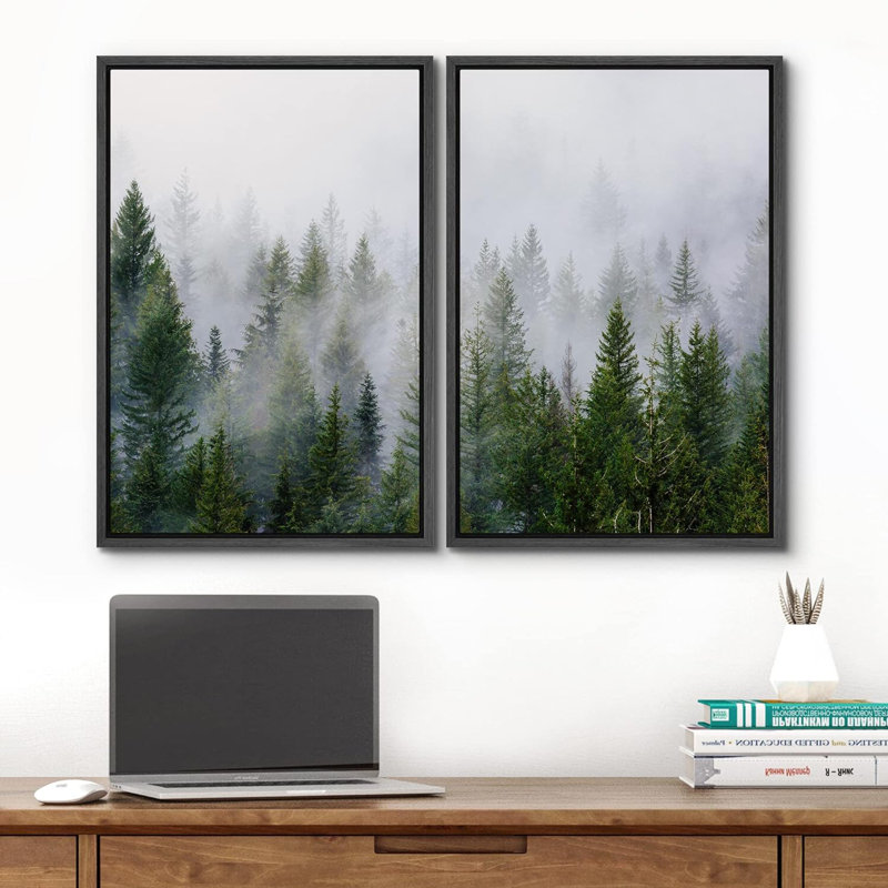 «Morning Mist Green Pine Tree Forest Nature Landscape», impression sur toile, 2 pièces, Reproduction avec cadre flottant