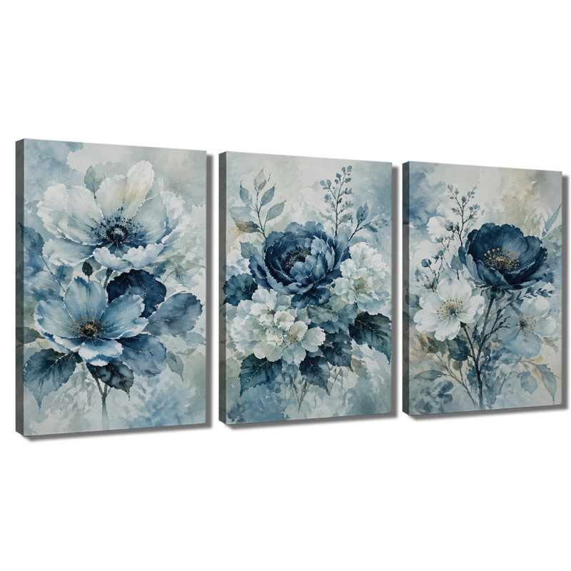 Tableau à trois panneaux, motif floral pivoine aquarelle bleue, impression sur toile tendue, 16*24inch*3