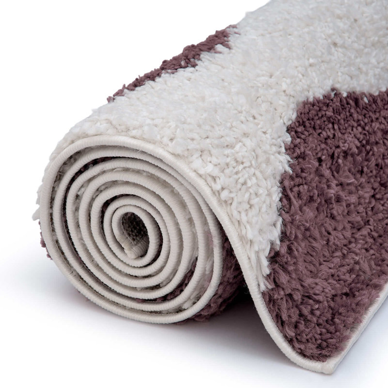 Moodi Modern Shaggy Area Rug Abstract Pebble Design, Runner 80 x 300 cm, Off-White/Purple