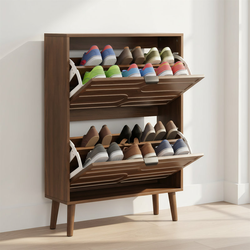 Armoire à chaussures 23,62 pouces en noyer avec 2 tiroirs rabattables et tablettes à lattes