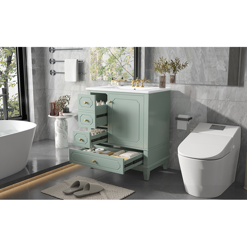 Meuble-lavabo autoportant avec lavabo en céramique, Vert clair