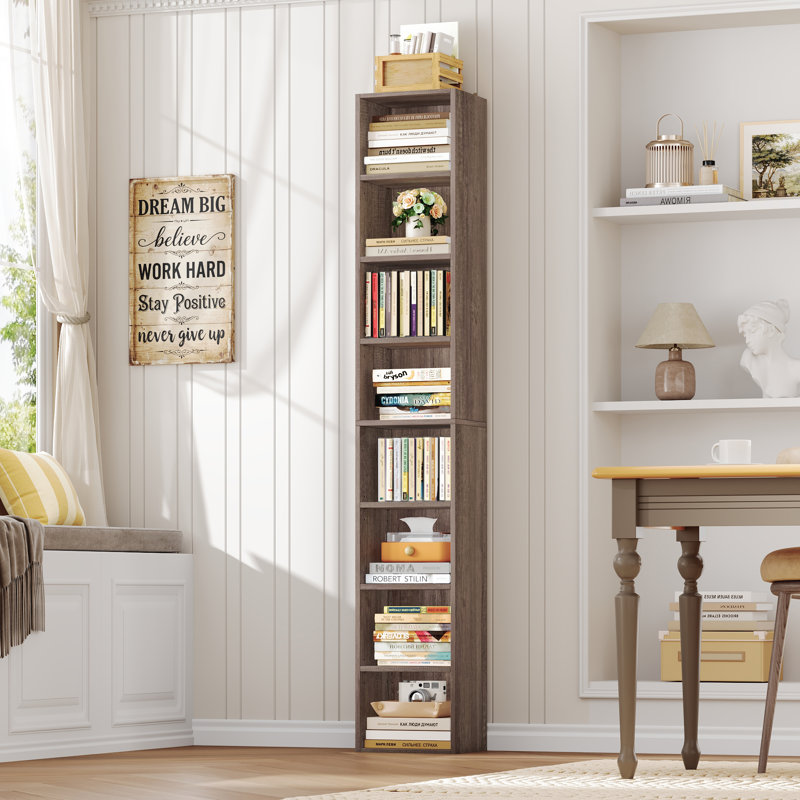 Gracyn 72" H Modern Wood 8-Tier Narrow Library Bookcase with Adjustable Shelves, Standard Storage, Dark Oak, 1