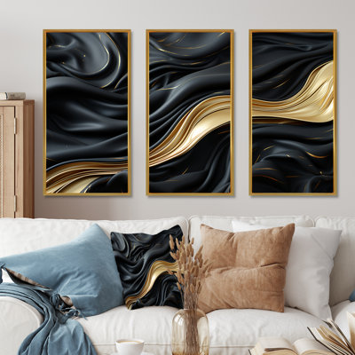 Gold And Black Soft Wave Fusion - Abstract Shapes Wall Art Living Room Set