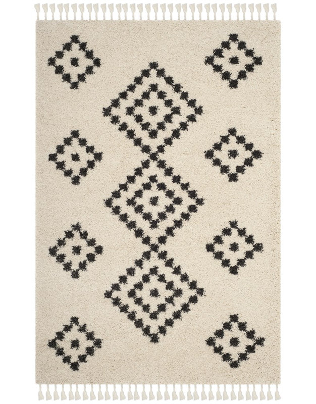 Ivory and Charcoal Geometric Shag Wool Rug, 4' x 6'