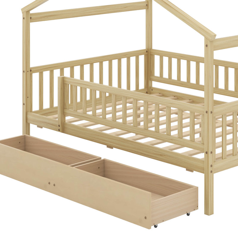 Lit en bois avec deux tiroirs, Naturel, Double