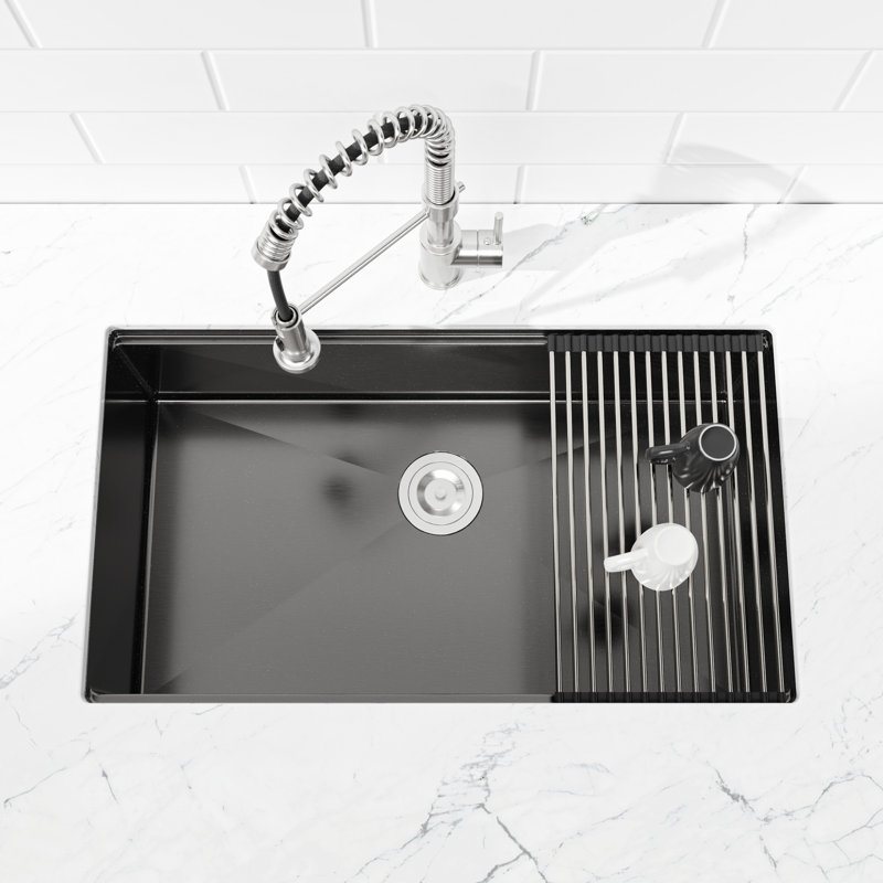 Stainless Steel Kitchen Sink 30"X19", Black Undermount With Materials & Roll-Out Basket 30"X19" Undermount, Luxurious Appearance Drain Grooves