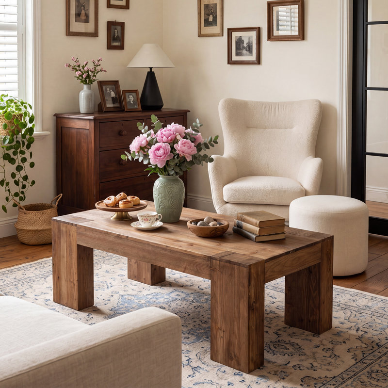 Grande table basse 55 po en bois massif avec pieds robustes Farmhouse