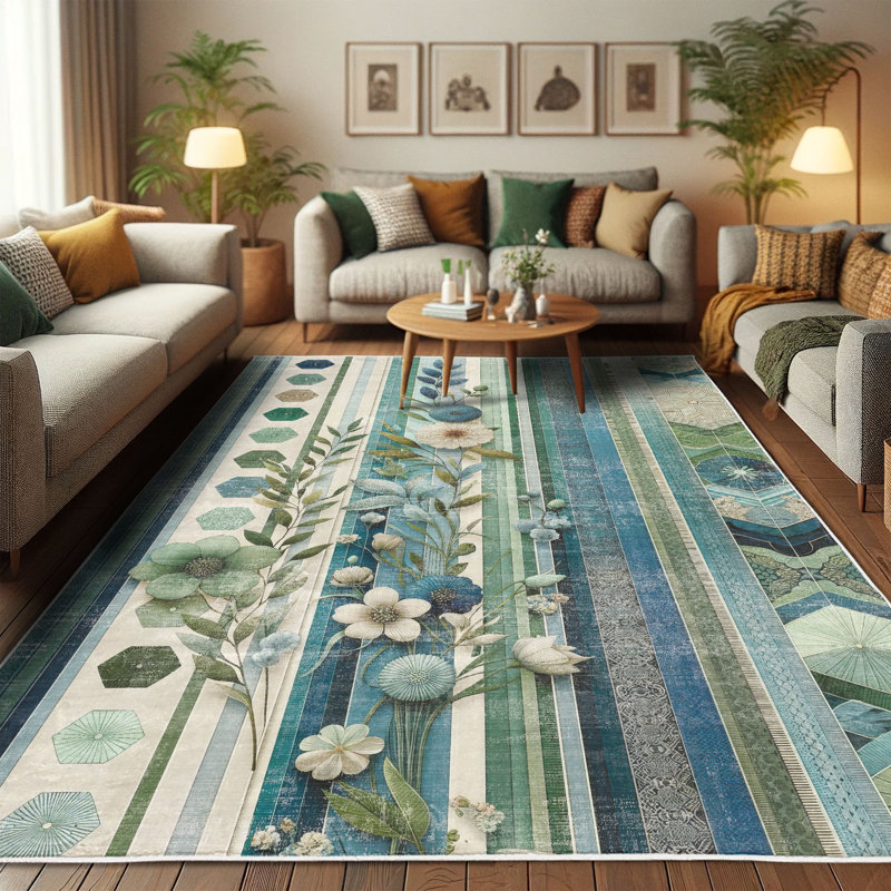 Teal Blue and Green Floral Synthetic Area Rug 2'3" x 3'9"