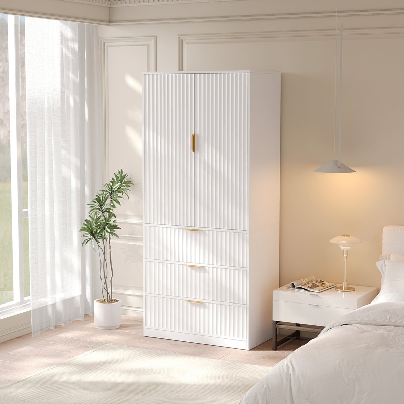 70.9''H Wardrobe Closet, 2-door Armoire Wardrobe With Built-in Mirror, Wardrobe with 3 Drawers, White