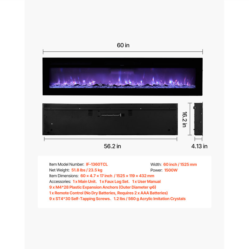 Electric Fireplace Wall Mounted Recessed with Remote Control 1500W, 17" H x 60" W x 4.13" D