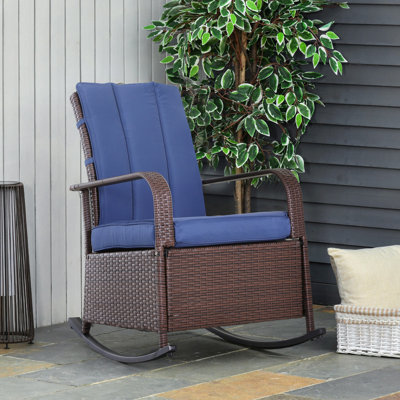 Chaise berçante en osier pour l'extérieur, fauteuil inclinable de patio avec dossier ajustable, chaise longue en rotin PE avec repose-pieds réglable et coussins pour le jardin, la cour arrière, le porche