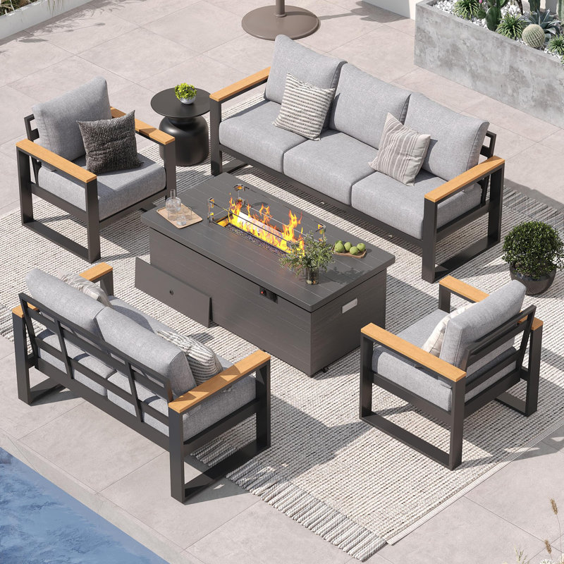 7-Person Aluminum Patio Furniture Set With 50000 Btu Fire Pit Table, Modern Patio Conversation Set With 6'' Olefin Cushions For Balcony, Porch, Backyard