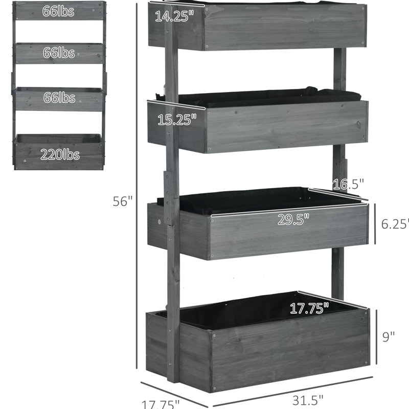 Wooden Outdoor Vertical Planter Box, 4 Tier For Flowers, Vegetables, Herbs, Self-Draining With Non-Woven Fabric, Gray Veggies, Non-Woven, Tone