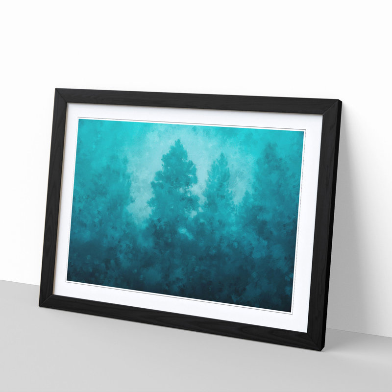 Teal Blue Forest - Picture Frame Painting Print, Black, 50cm H x 76cm W x 2cm D