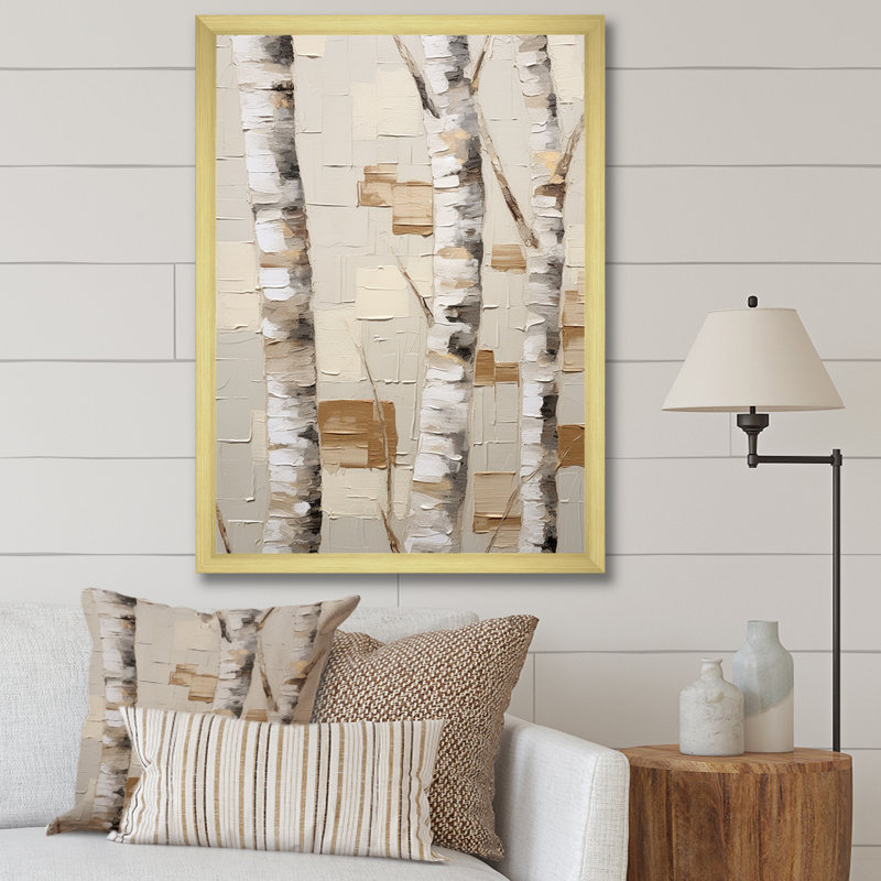 «Beige minimalisme arbre bouleau I» sur toile, Cadre doré simple, H 32 po x l 16 po x P 1 po