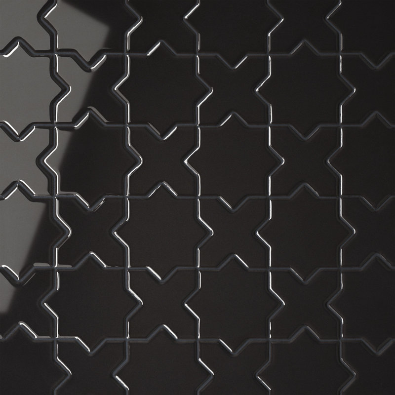 Le Cafe 2" x 2" Cross and Star Glossy Porcelain Mosaic Tile, Black
