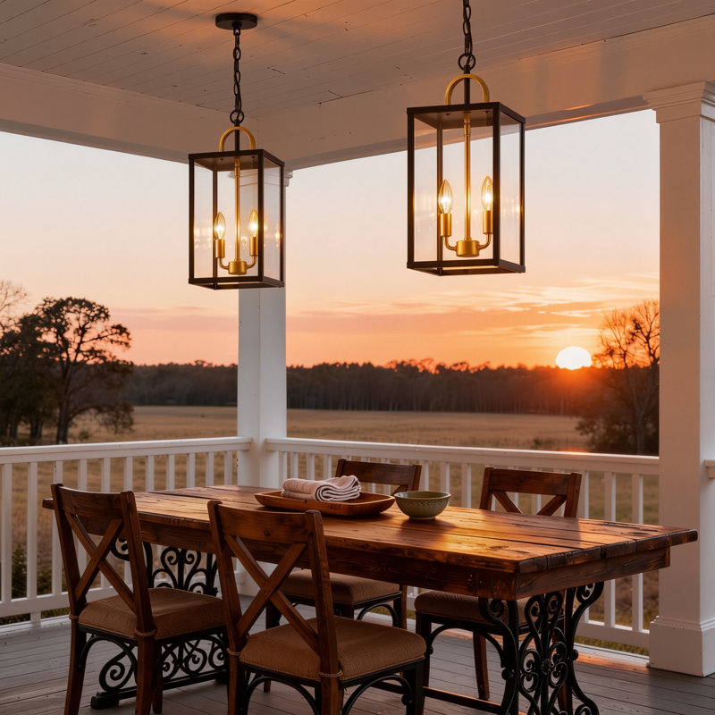 2-light Outdoor Hanging Lantern with Clear Glass Shade, Matte Black/Gold