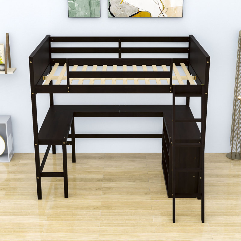 Wood Loft Bed With Desk And Shelves, Espresso, Full