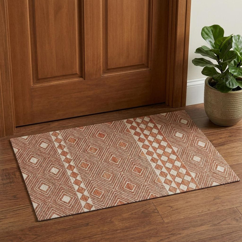 3' X 5' Burnt Sienna And Ivory Tribal Washable Area Rug With UV Protection