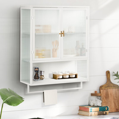 Armoire murale 24,32 po à deux portes avec portes en verre - Style moderne pour salle d'étude. Rangement, tablette ouverte, porte-serviettes. Fer et verre trempé. Montée pour maximiser l'espace. Tablette détachable. Assemblage facile. Blanc