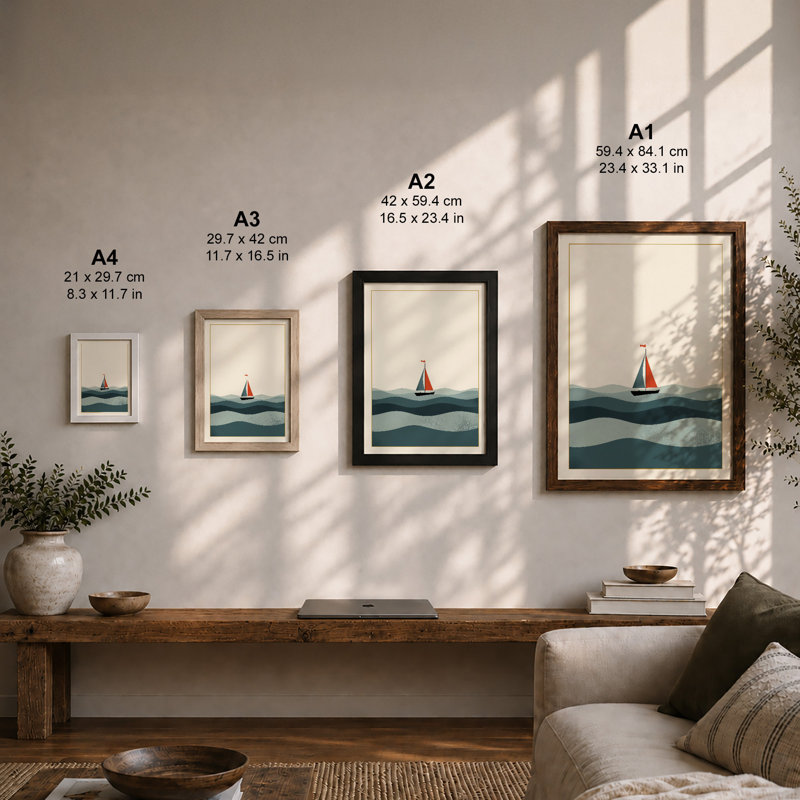 Sailboat on Calm Waters Minimalist - Framed Print, Oak, A3 - 42.0 x 29.7 cm