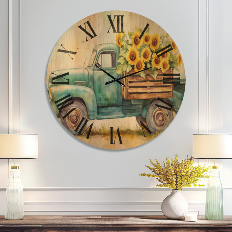 Horloge murale nature en bois - Camion rétro avec caisse de fleurs, Surdimensionné