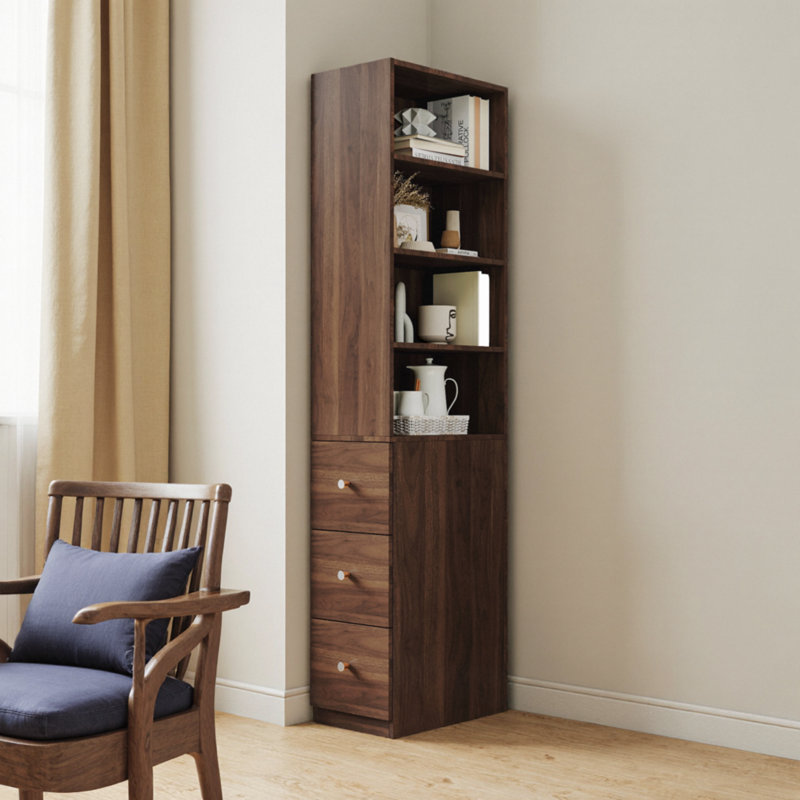 Modern 4-tier Tall Display Cabinet With 3 Side Drawers, Wood Finish Storage Bookcase For Living Room & Home Office