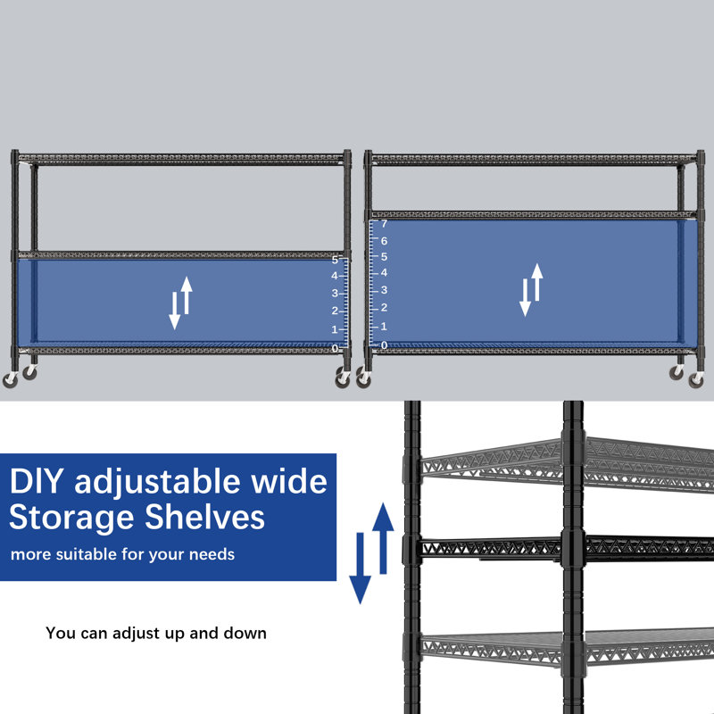 Heavy Duty 3-Tier Wire Shelving Unit: 1500LBS Capacity, 51.6"H x 59.6"W x 24"D, with 4 Wheels for Garage, Pantry, Kitchen, Closet Storage