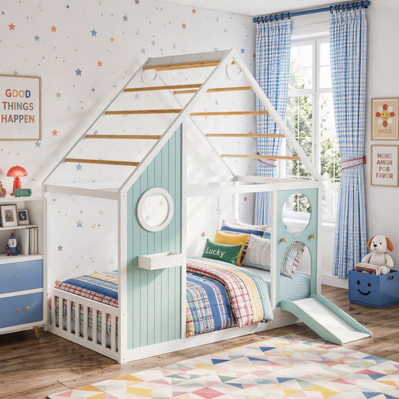 Lit maison avec glissade, bande lumineuse en boule, conception de maison de jeu en bois, panneau avant, mobilier de chambre amusant et élégant