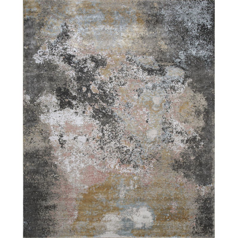 Tapis brun et gris abstrait noué à la main 8 pi x 10 pi