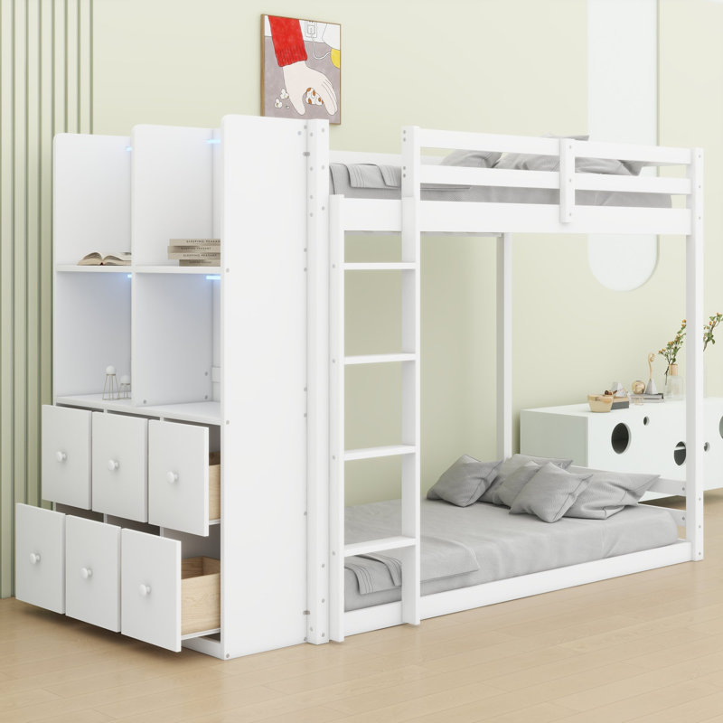 Lit superposé avec rangement réversible et lumière DEL pour chambres d'enfants, White