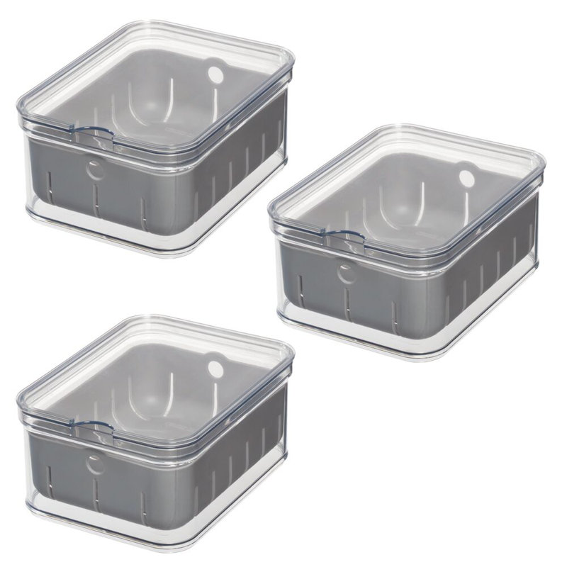 iDesign Berry Bin with Removable Colander and Lid - Set of 3, Clear/Grey
