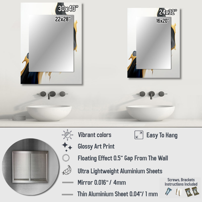 Black, White And Gold Liquid Art II - Liquid Ink Decorative Mirror, Black Wall Mirror, Printed Metal Art, 32" x 24"