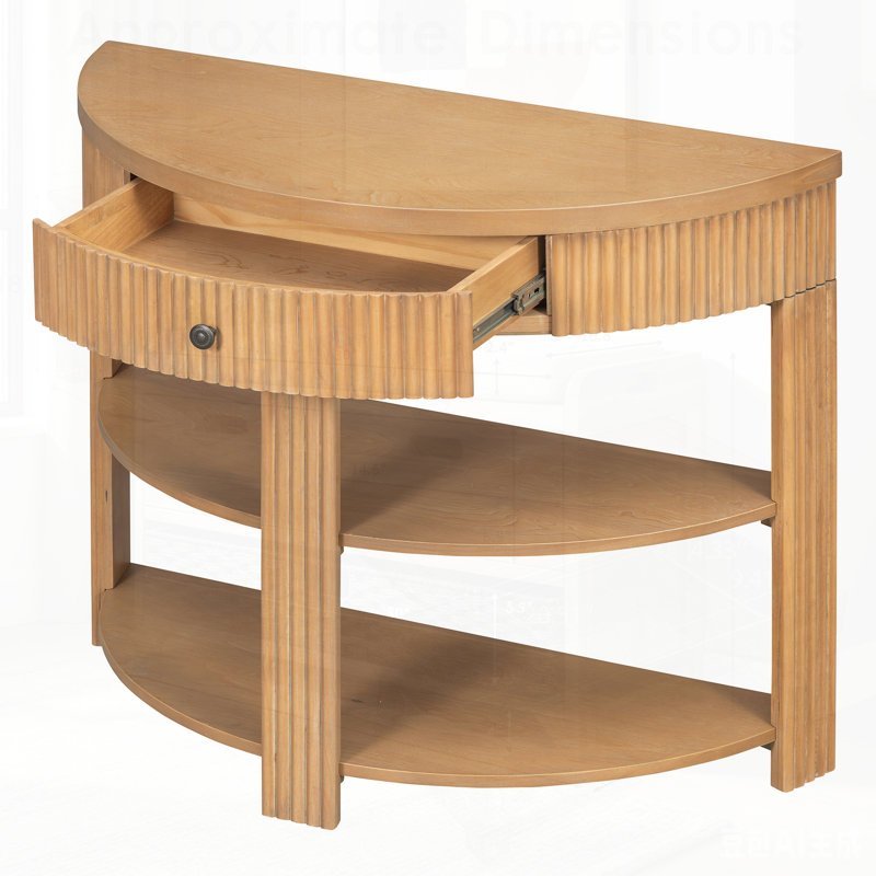Console cannelée demi-lune avec tiroir et 2 tablettes pour le hall d'entrée, le salon et le couloir, Naturel, Naturel