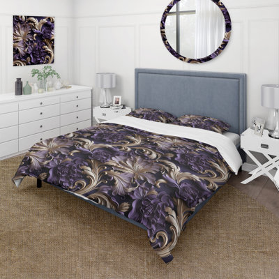 Deep Purple Glamorous Majesty Box Stitch Floral Duvet Cover