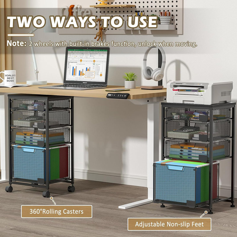 Black Rolling File Cart - 4 Storage Drawers, Hanging File Organizer With Wheels (Under Desk Filing Cabinet, Utility Craft Cart Printer Stand, Patent Pending)