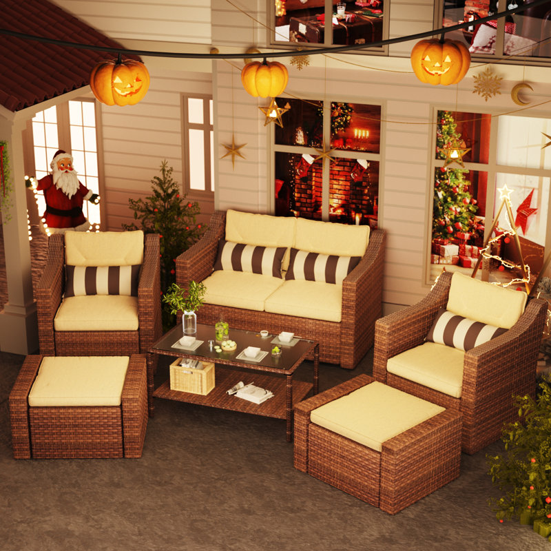 Outdoor Patio Furniture Set, 6 Piece Rattan Patio Sofa Set, Lounge Chairs With Ottomans, Coffee Table, Patio Couch Set, 6 PC
