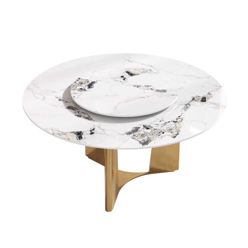 Table de salle à manger ronde en pierre frittée avec plateau tournant, H 29,53 po x L 59,05 po x l 59,05 po, Patek
