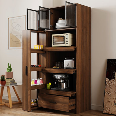 70.87" Tall Kitchen Pantry Cabinet With Multi-Functional Pull-Out Multi-Tier Storage Shelf, 1 Drawers,With Aluminum Frame Glass Door,Freestanding Food Hutch With Microwave Stand For Dining Room