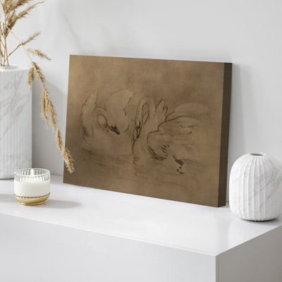 Vintage Swan Sketch Canvas Print Wall Art, Sepia Animal Decor for Hallway or Classic Living Room