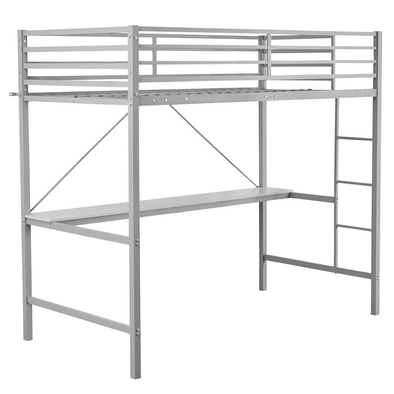 Metal Loft Bed Frame with Desk, Protective Guard Rails and Ladder, Gray