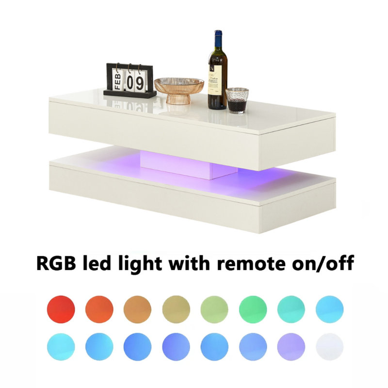 High Gloss White Coffee Table with Led Light Side Drawer Storage