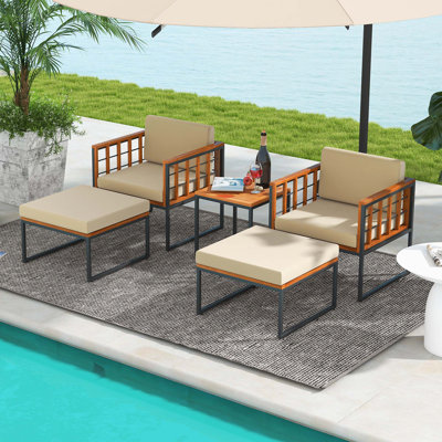 Ensemble de conversation de patio en bois d'acacia pour 4 personnes avec coussins Elice