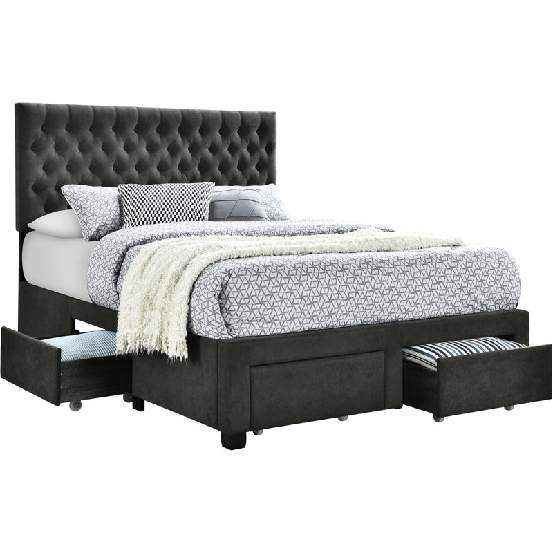 Lit double rembourré gris avec rangement, tête de lit à boutons, quatre tiroirs encastrés, bois massif et panneau de rangement avec matelas, tiroirs pour articles de chambre à coucher,