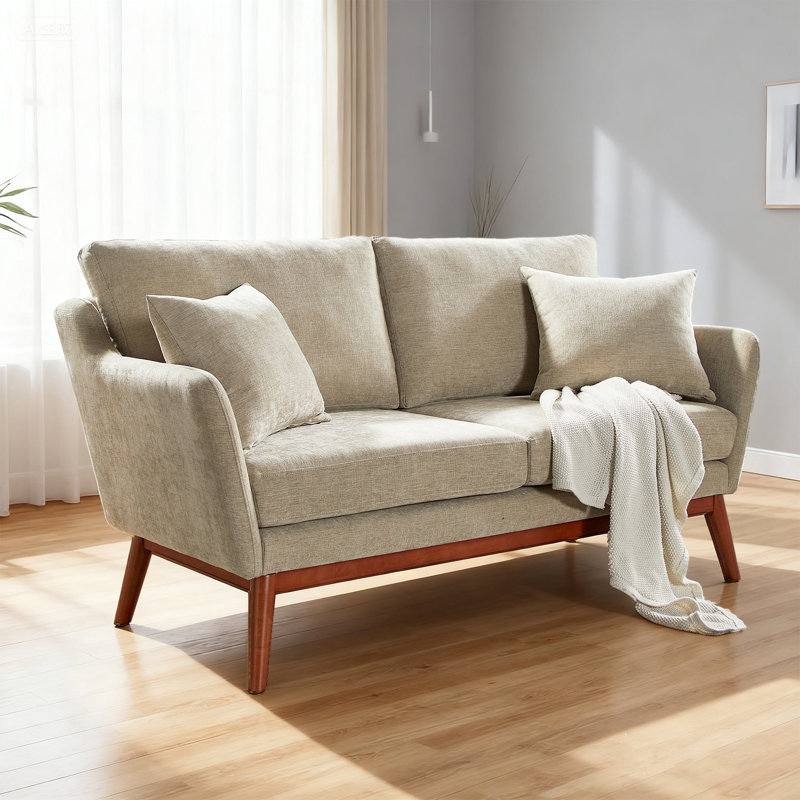 Linen Blend Mid-Century Modern Small Spaces Loveseat Two-Seater Sofa With Solid Wood Base, khaki