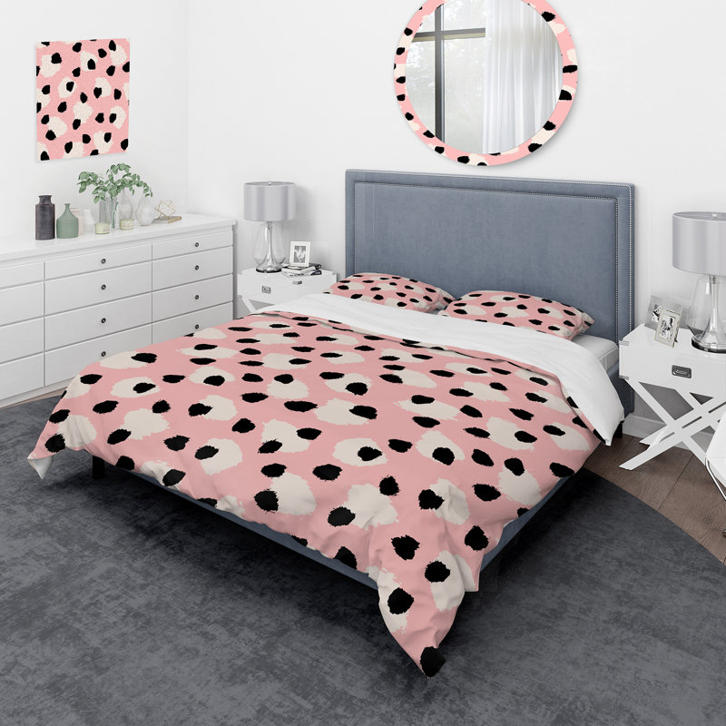 Ensemble de housse de couette moderne noir et blanc à pois rétro rose - microfibre de polyester