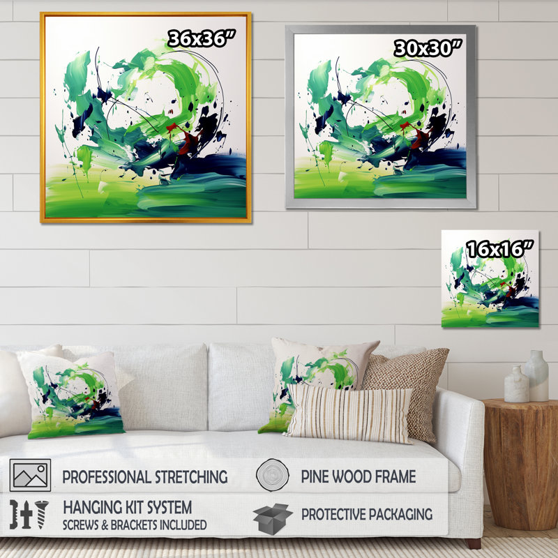 «Green and White Abstract Ink Expression II», art mural abstrait, H 16 po x l 16 po x P 1 po, Cadre flottant doré
